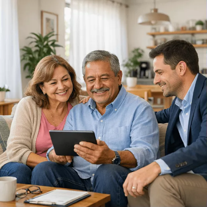 Pareja de pensionados colombianos revisando su crédito con tranquilidad